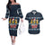 Funny Duck Characters Christmas Quacker Quote Couples Matching Off The Shoulder Long Sleeve Dress and Hawaiian Shirt with Navy Tree Pattern Design - Wonder Print Shop