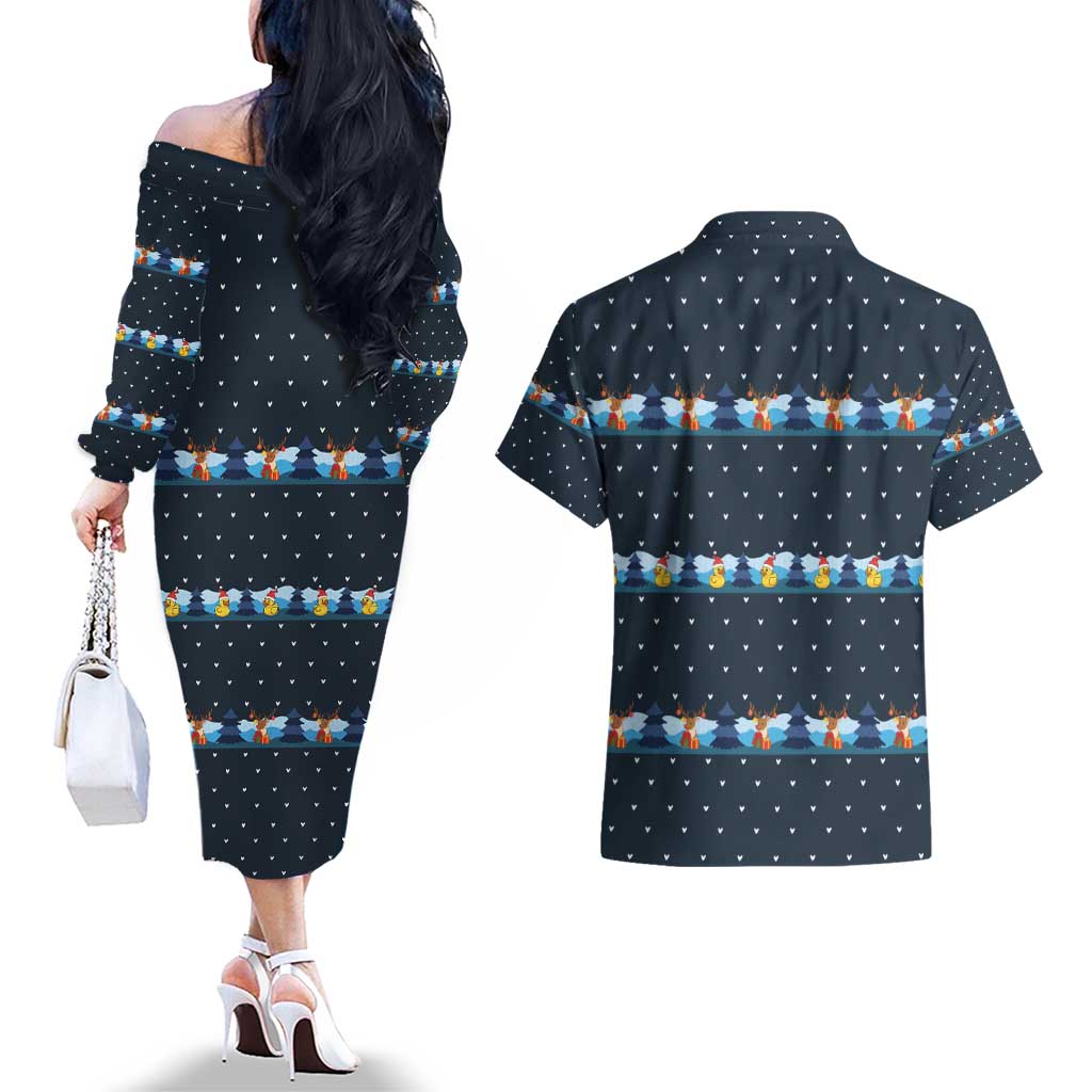 Funny Duck Characters Christmas Quacker Quote Couples Matching Off The Shoulder Long Sleeve Dress and Hawaiian Shirt with Navy Tree Pattern Design - Wonder Print Shop