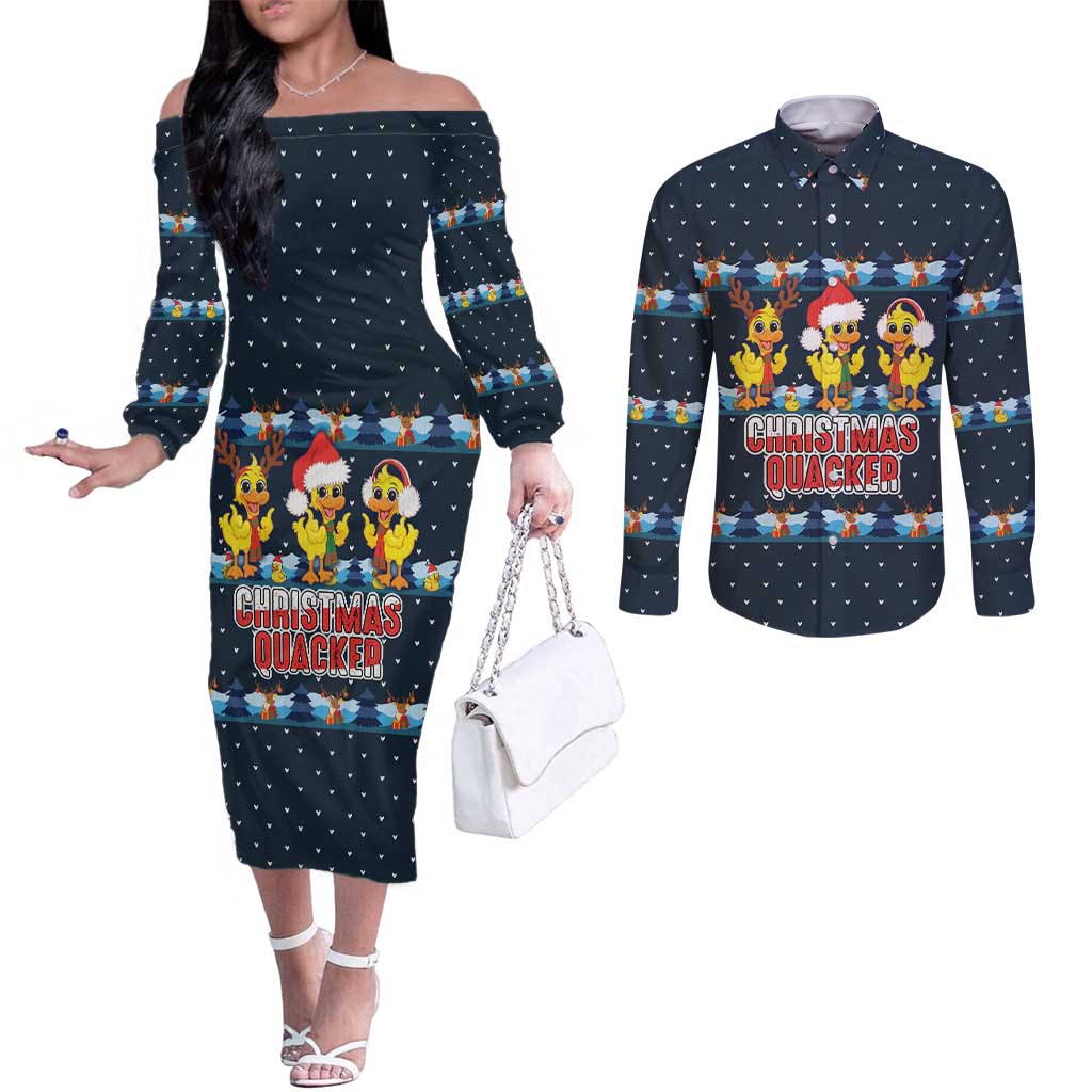 Funny Duck Characters Christmas Quacker Quote Couples Matching Off The Shoulder Long Sleeve Dress and Long Sleeve Button Shirt with Navy Tree Pattern Design - Wonder Print Shop