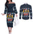 Funny Duck Characters Christmas Quacker Quote Couples Matching Off The Shoulder Long Sleeve Dress and Long Sleeve Button Shirt with Navy Tree Pattern Design - Wonder Print Shop