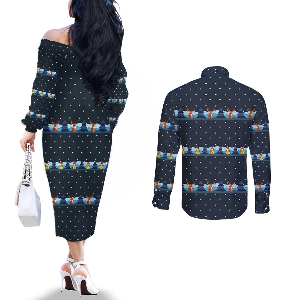 Funny Duck Characters Christmas Quacker Quote Couples Matching Off The Shoulder Long Sleeve Dress and Long Sleeve Button Shirt with Navy Tree Pattern Design - Wonder Print Shop