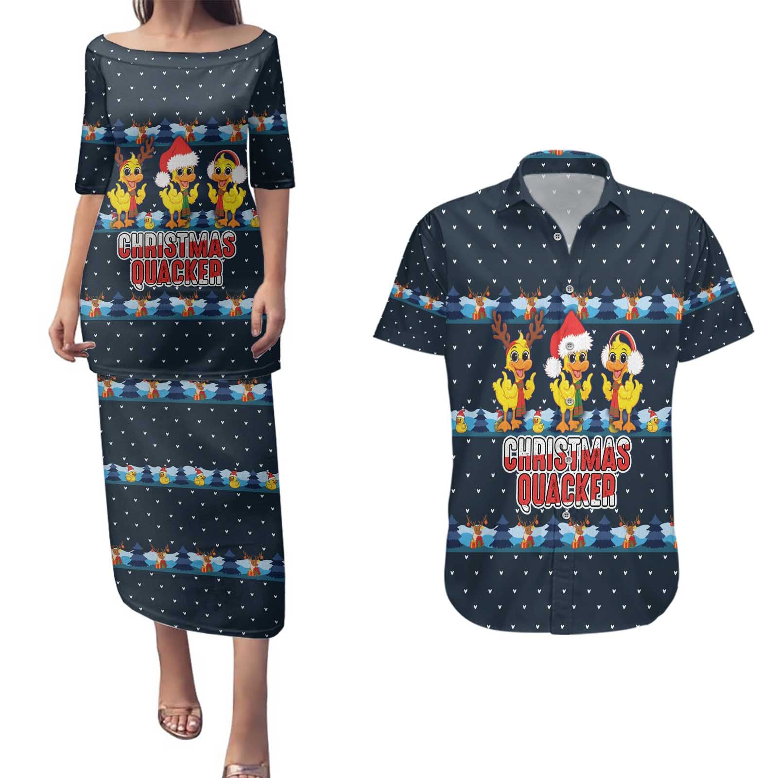 Funny Duck Characters Christmas Quacker Quote Couples Matching Puletasi and Hawaiian Shirt with Navy Tree Pattern Design - Wonder Print Shop