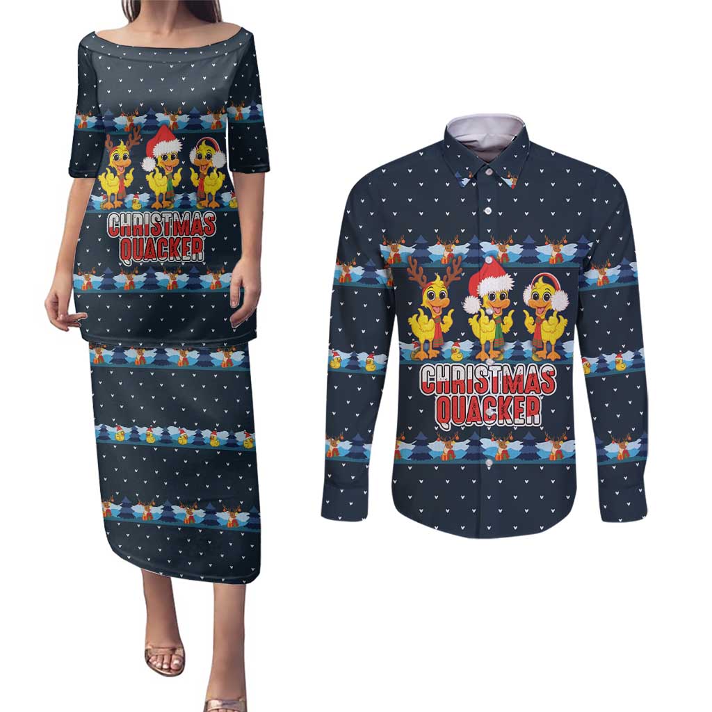 Funny Duck Characters Christmas Quacker Quote Couples Matching Puletasi and Long Sleeve Button Shirt with Navy Tree Pattern Design - Wonder Print Shop