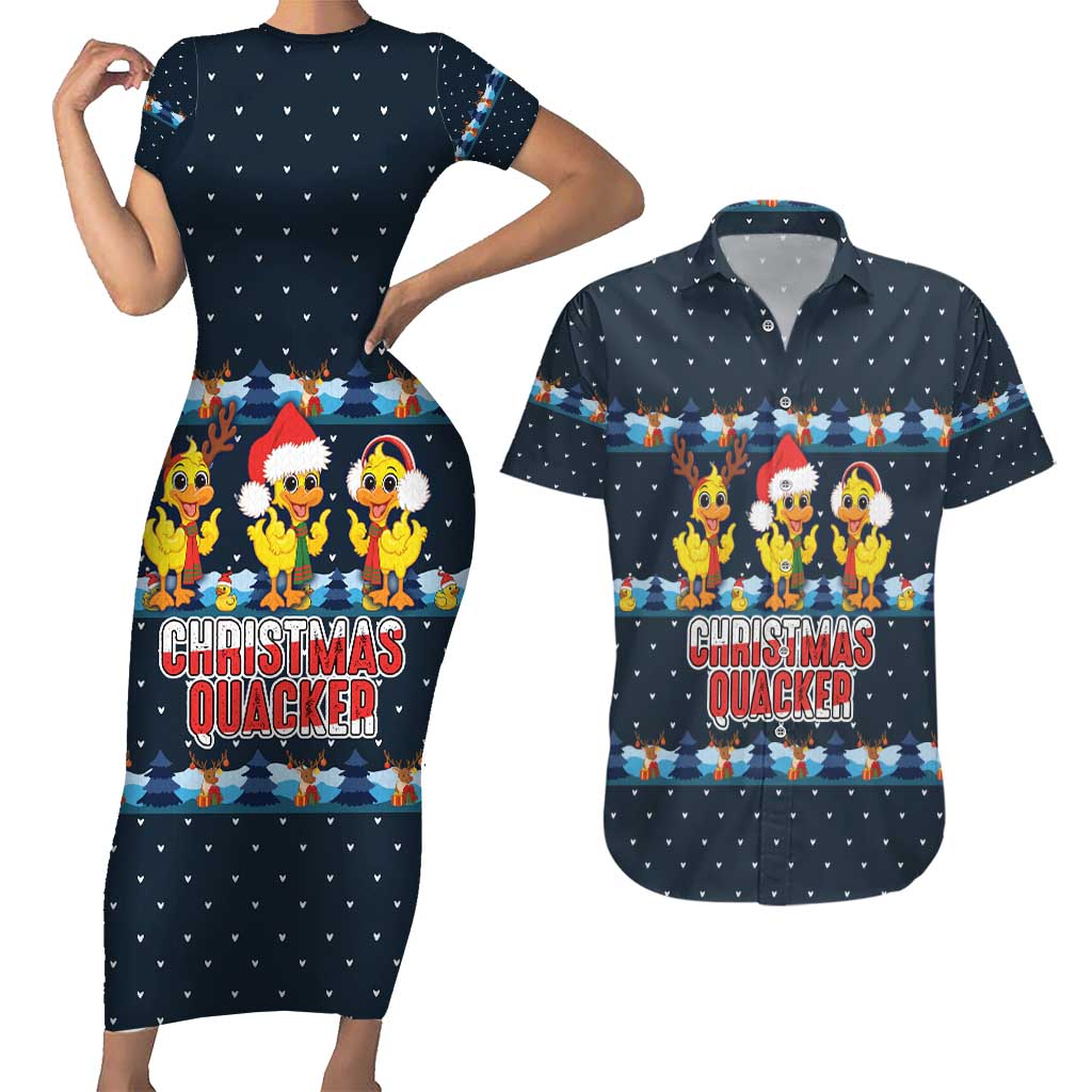 Funny Duck Characters Christmas Quacker Quote Couples Matching Short Sleeve Bodycon Dress and Hawaiian Shirt with Navy Tree Pattern Design - Wonder Print Shop