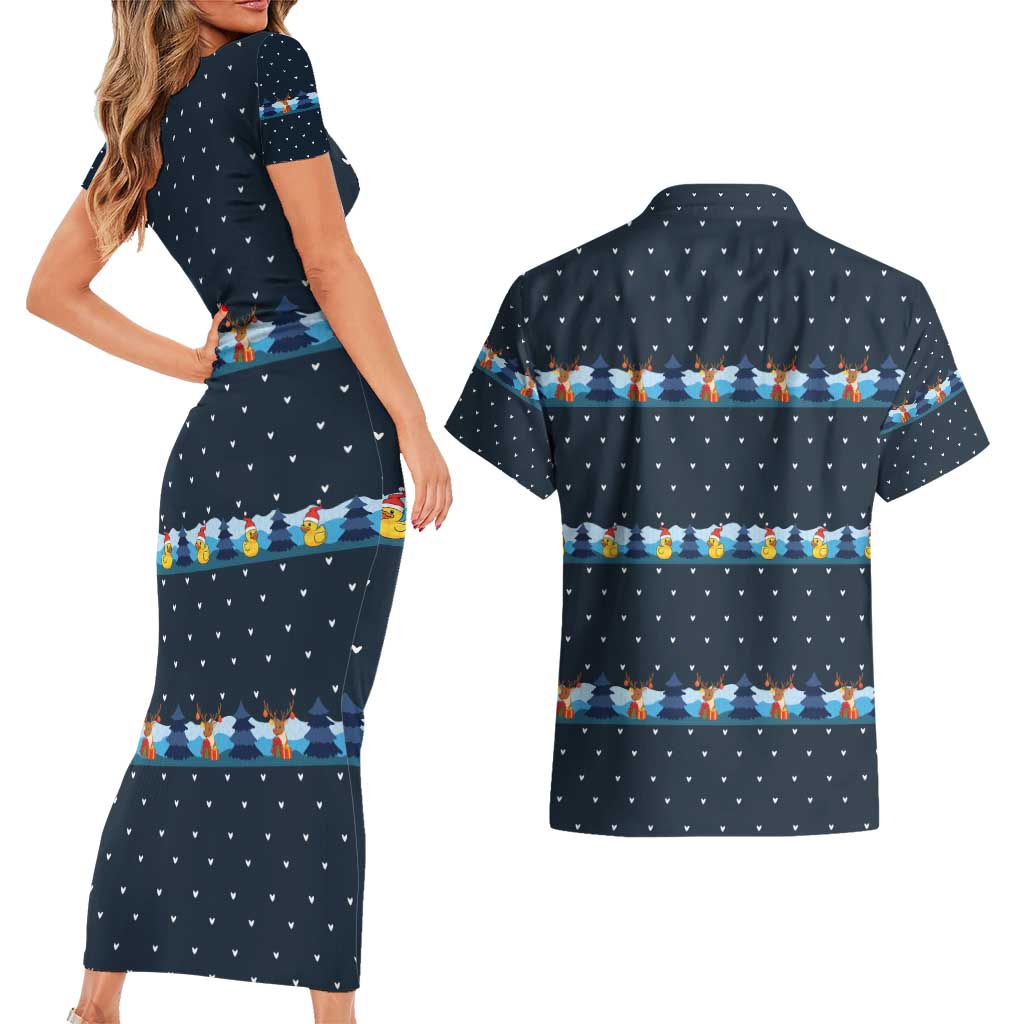 Funny Duck Characters Christmas Quacker Quote Couples Matching Short Sleeve Bodycon Dress and Hawaiian Shirt with Navy Tree Pattern Design - Wonder Print Shop