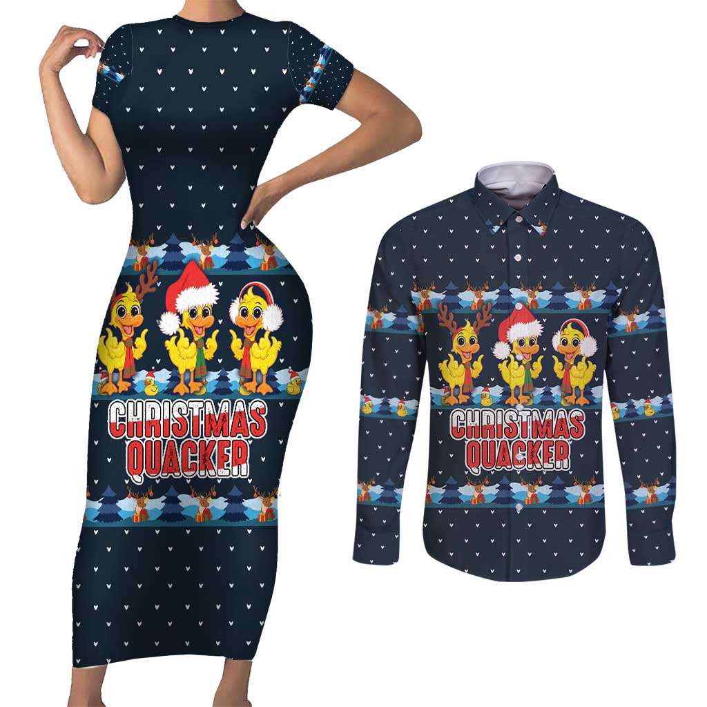 Funny Duck Characters Christmas Quacker Quote Couples Matching Short Sleeve Bodycon Dress and Long Sleeve Button Shirt with Navy Tree Pattern Design - Wonder Print Shop