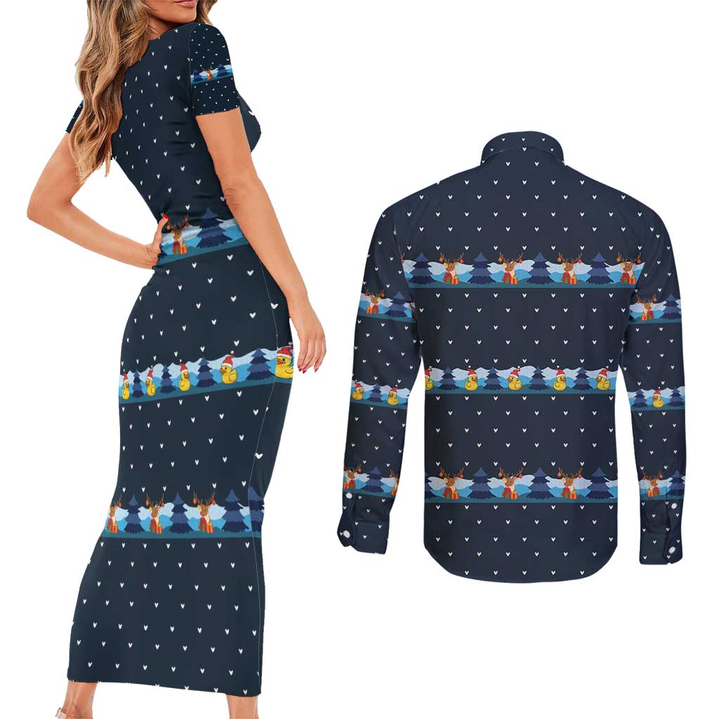 Funny Duck Characters Christmas Quacker Quote Couples Matching Short Sleeve Bodycon Dress and Long Sleeve Button Shirt with Navy Tree Pattern Design - Wonder Print Shop