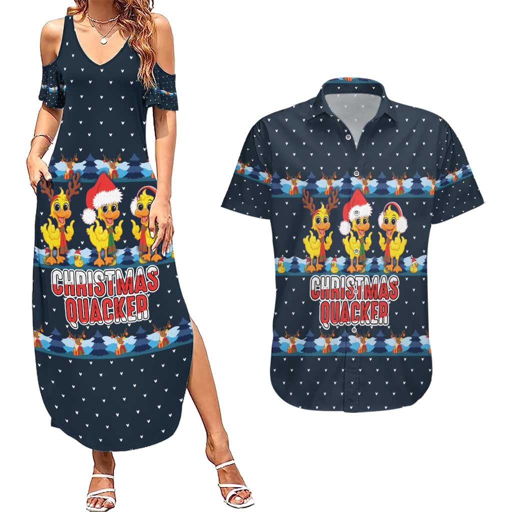 Funny Duck Characters Christmas Quacker Quote Couples Matching Summer Maxi Dress and Hawaiian Shirt with Navy Tree Pattern Design - Wonder Print Shop