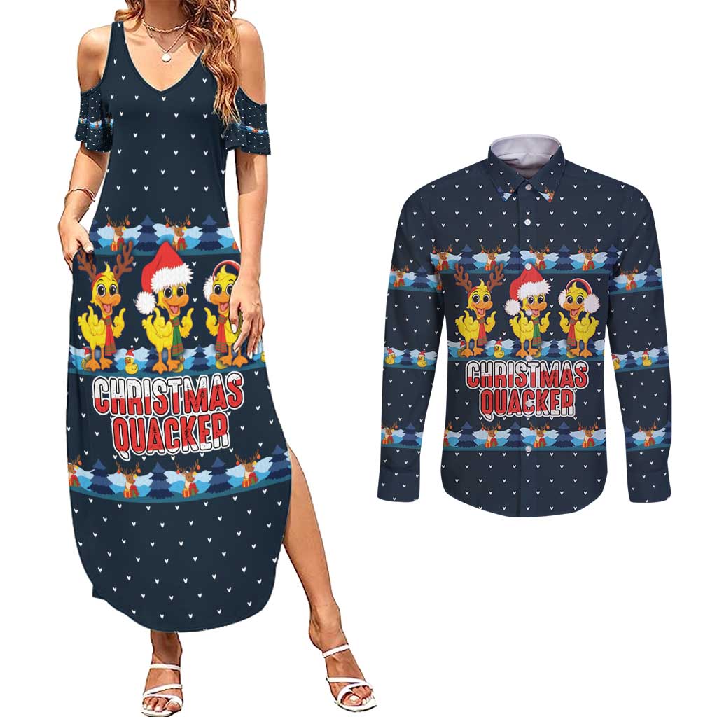 Funny Duck Characters Christmas Quacker Quote Couples Matching Summer Maxi Dress and Long Sleeve Button Shirt with Navy Tree Pattern Design - Wonder Print Shop