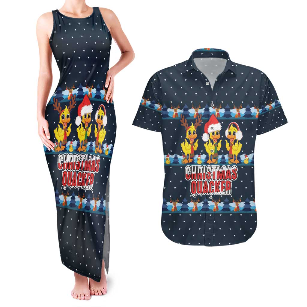 Funny Duck Characters Christmas Quacker Quote Couples Matching Tank Maxi Dress and Hawaiian Shirt with Navy Tree Pattern Design - Wonder Print Shop
