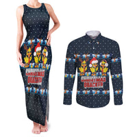 Funny Duck Characters Christmas Quacker Quote Couples Matching Tank Maxi Dress and Long Sleeve Button Shirt with Navy Tree Pattern Design - Wonder Print Shop