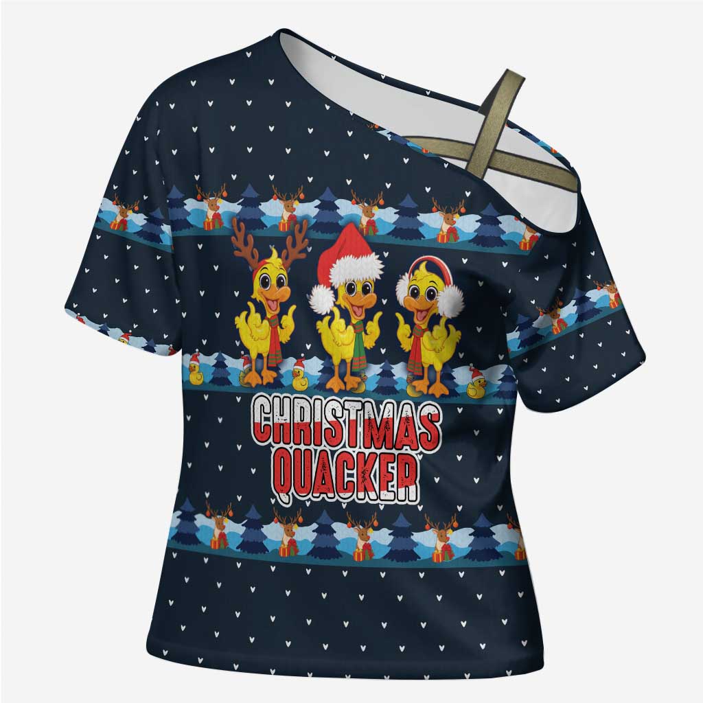 Funny Duck Characters Christmas Quacker Quote Cross Shoulder Shirt with Navy Tree Pattern Design - Wonder Print Shop