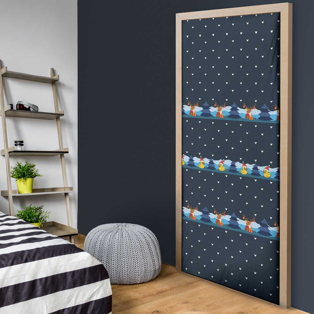 Funny Duck Characters Christmas Quacker Quote Door Cover with Navy Tree Pattern Design - Wonder Print Shop