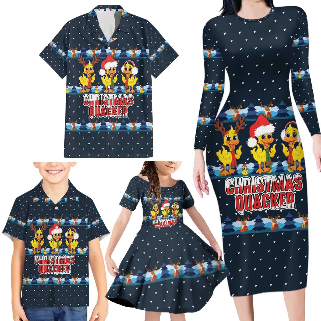 Funny Duck Characters Christmas Quacker Quote Family Matching Long Sleeve Bodycon Dress and Hawaiian Shirt with Navy Tree Pattern Design - Wonder Print Shop
