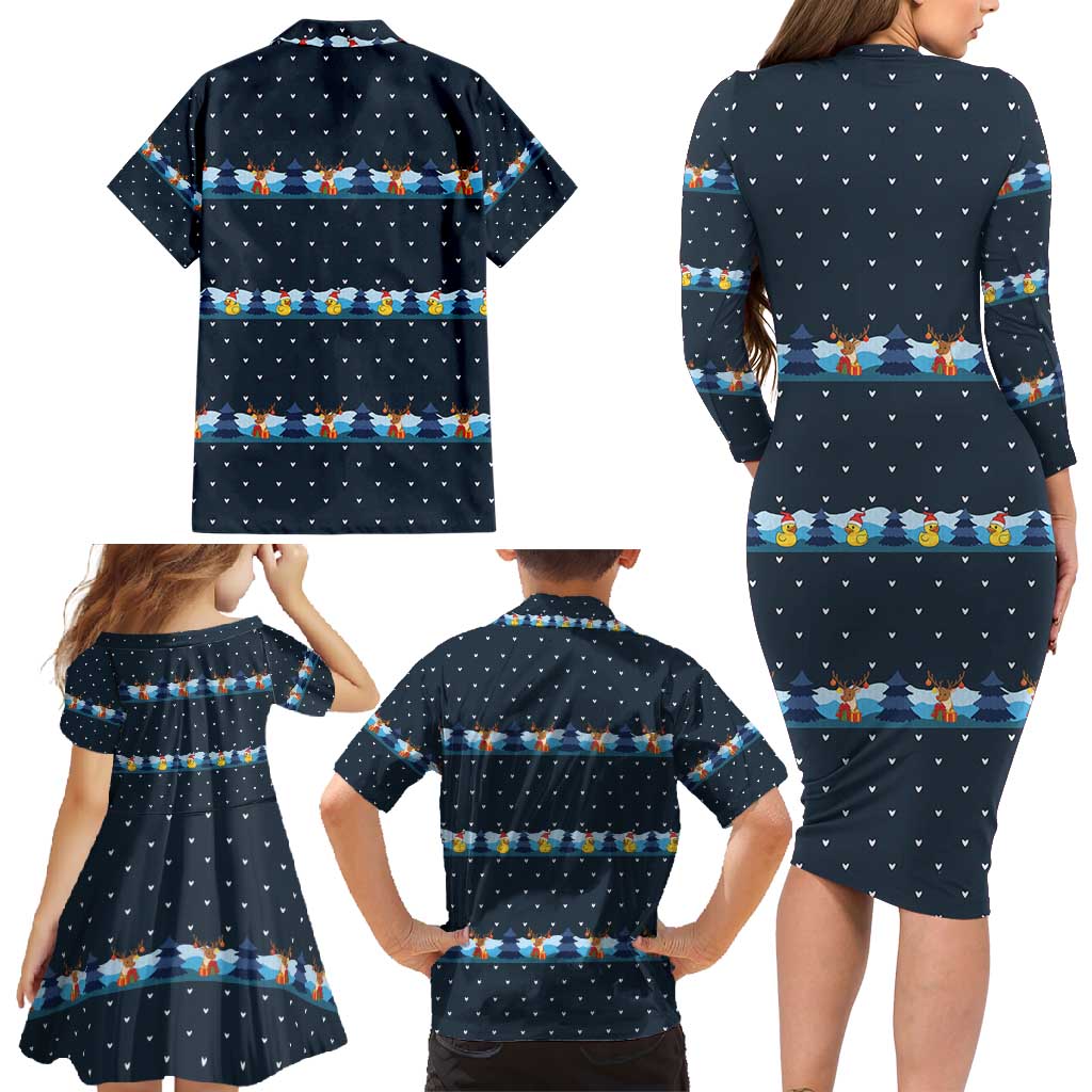Funny Duck Characters Christmas Quacker Quote Family Matching Long Sleeve Bodycon Dress and Hawaiian Shirt with Navy Tree Pattern Design - Wonder Print Shop