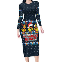Funny Duck Characters Christmas Quacker Quote Family Matching Long Sleeve Bodycon Dress and Hawaiian Shirt with Navy Tree Pattern Design - Wonder Print Shop