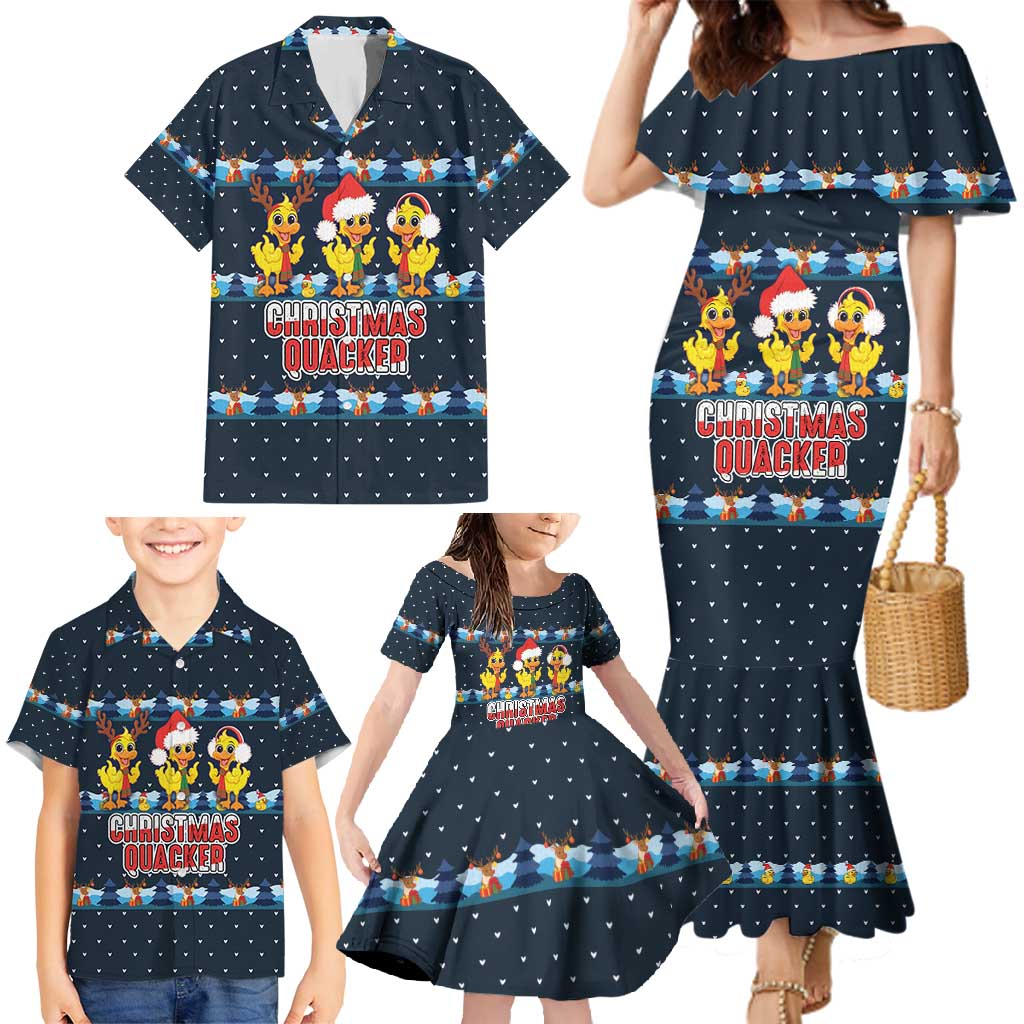 Funny Duck Characters Christmas Quacker Quote Family Matching Mermaid Dress and Hawaiian Shirt with Navy Tree Pattern Design - Wonder Print Shop