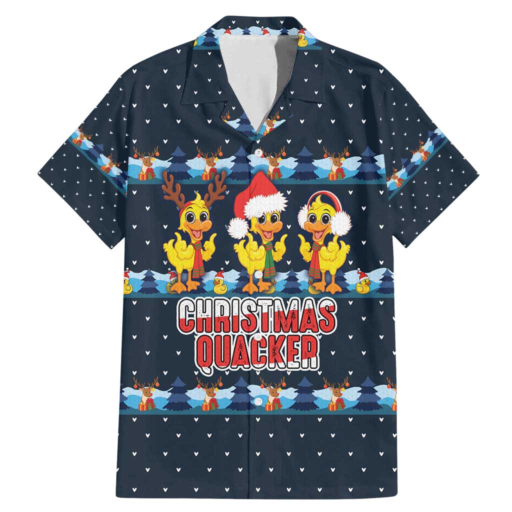 Funny Duck Characters Christmas Quacker Quote Family Matching Mermaid Dress and Hawaiian Shirt with Navy Tree Pattern Design - Wonder Print Shop