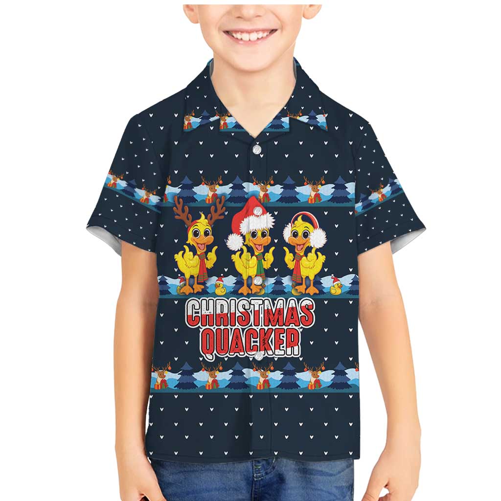 Funny Duck Characters Christmas Quacker Quote Family Matching Mermaid Dress and Hawaiian Shirt with Navy Tree Pattern Design - Wonder Print Shop