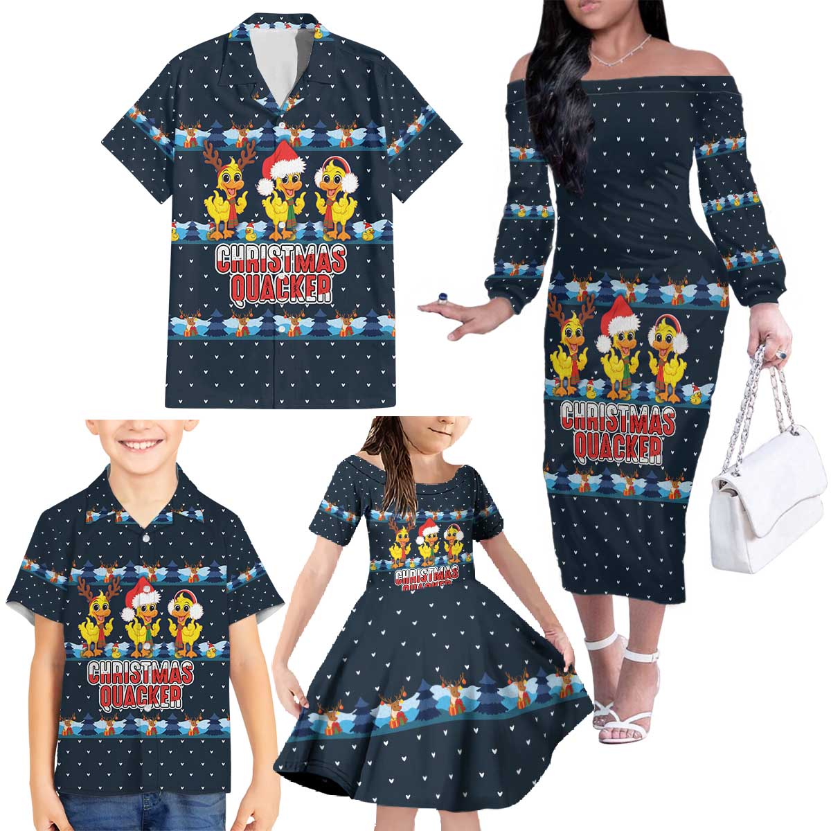 Funny Duck Characters Christmas Quacker Quote Family Matching Off The Shoulder Long Sleeve Dress and Hawaiian Shirt with Navy Tree Pattern Design - Wonder Print Shop