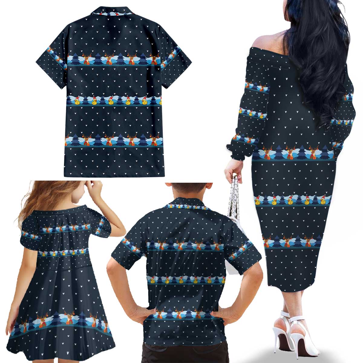 Funny Duck Characters Christmas Quacker Quote Family Matching Off The Shoulder Long Sleeve Dress and Hawaiian Shirt with Navy Tree Pattern Design - Wonder Print Shop