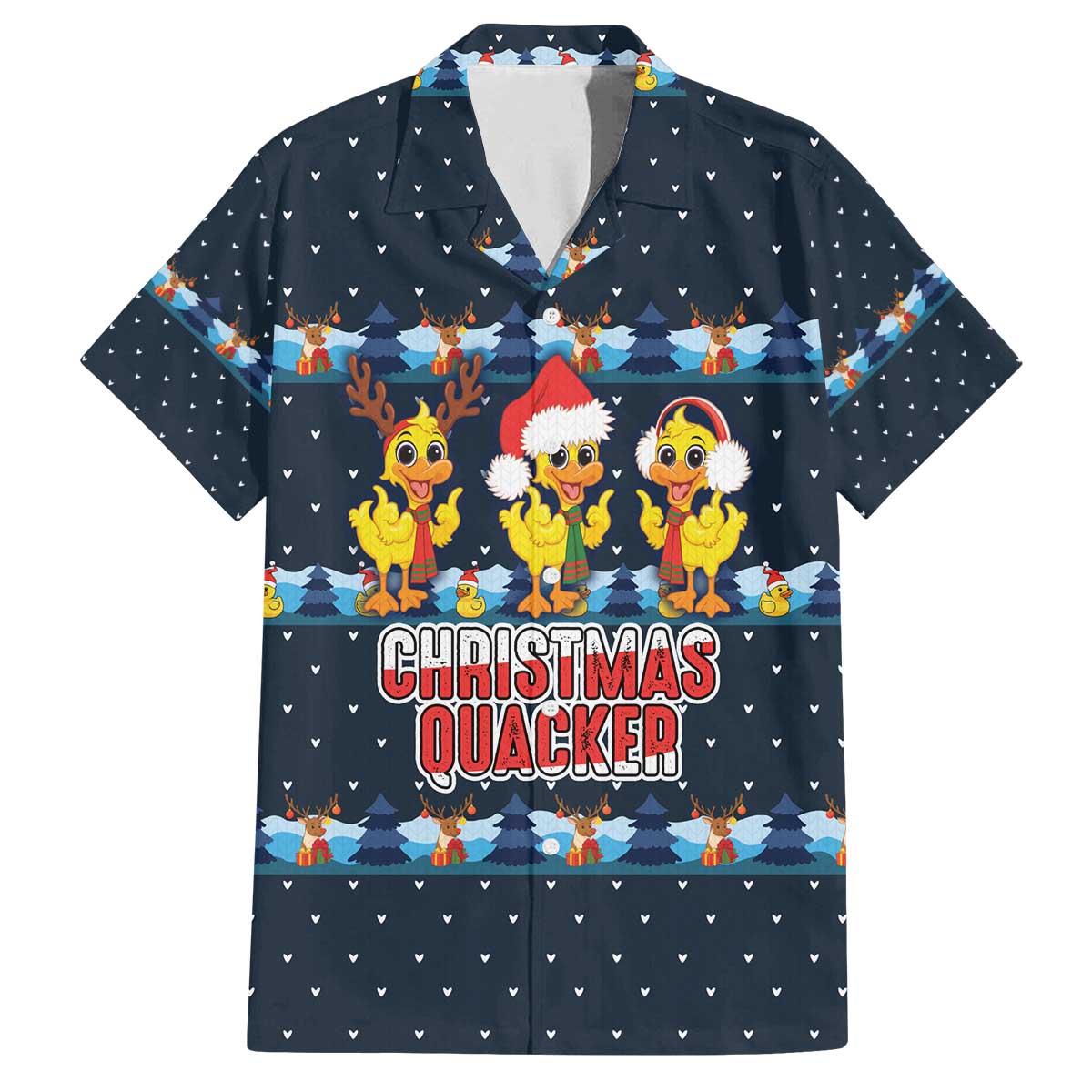 Funny Duck Characters Christmas Quacker Quote Family Matching Off The Shoulder Long Sleeve Dress and Hawaiian Shirt with Navy Tree Pattern Design - Wonder Print Shop