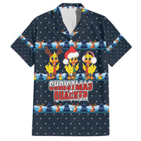 Funny Duck Characters Christmas Quacker Quote Family Matching Off The Shoulder Long Sleeve Dress and Hawaiian Shirt with Navy Tree Pattern Design - Wonder Print Shop