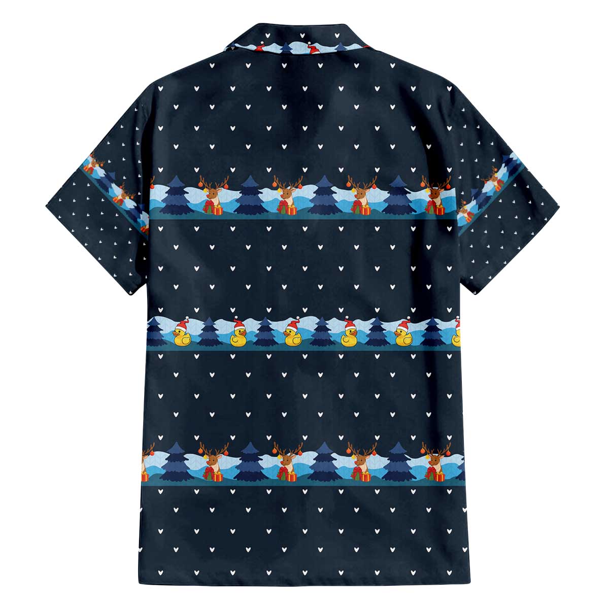 Funny Duck Characters Christmas Quacker Quote Family Matching Off The Shoulder Long Sleeve Dress and Hawaiian Shirt with Navy Tree Pattern Design - Wonder Print Shop