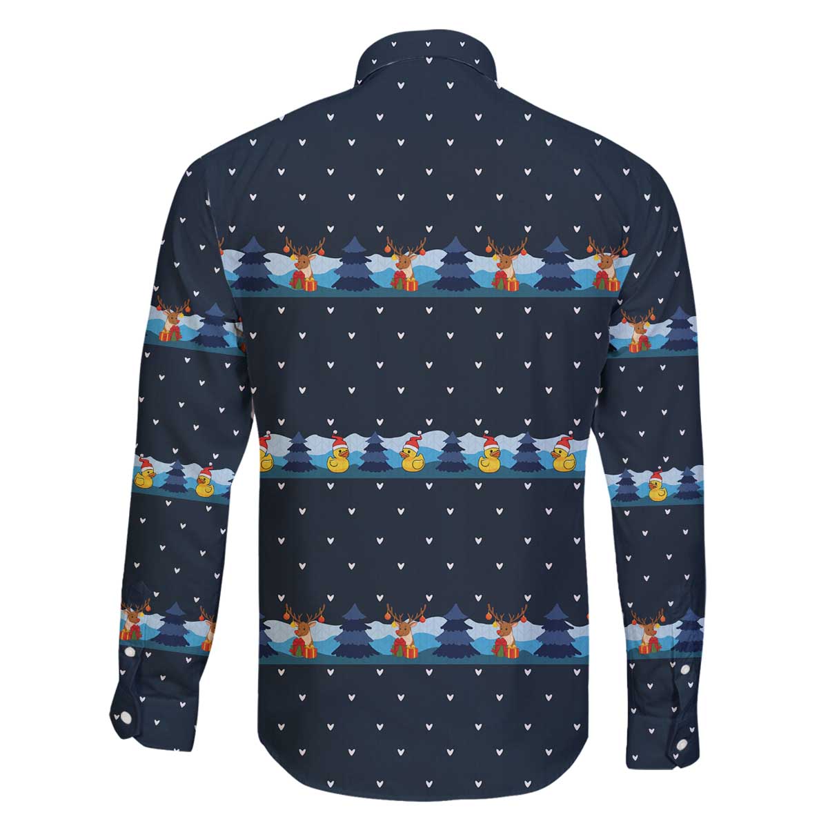 Funny Duck Characters Christmas Quacker Quote Family Matching Off The Shoulder Long Sleeve Dress and Hawaiian Shirt with Navy Tree Pattern Design - Wonder Print Shop