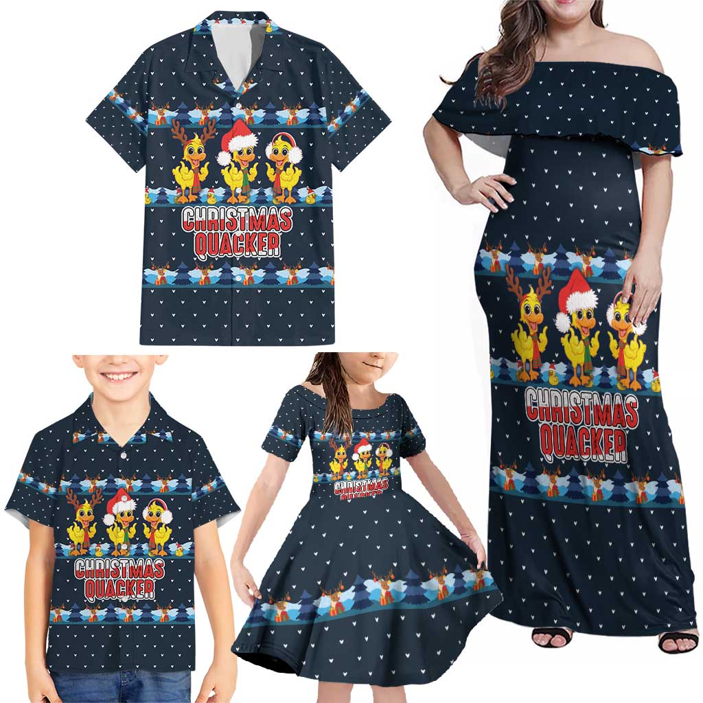 Funny Duck Characters Christmas Quacker Quote Family Matching Off Shoulder Maxi Dress and Hawaiian Shirt with Navy Tree Pattern Design - Wonder Print Shop