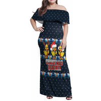 Funny Duck Characters Christmas Quacker Quote Family Matching Off Shoulder Maxi Dress and Hawaiian Shirt with Navy Tree Pattern Design - Wonder Print Shop