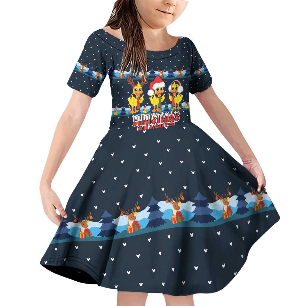 Funny Duck Characters Christmas Quacker Quote Family Matching Off Shoulder Short Dress and Hawaiian Shirt with Navy Tree Pattern Design - Wonder Print Shop