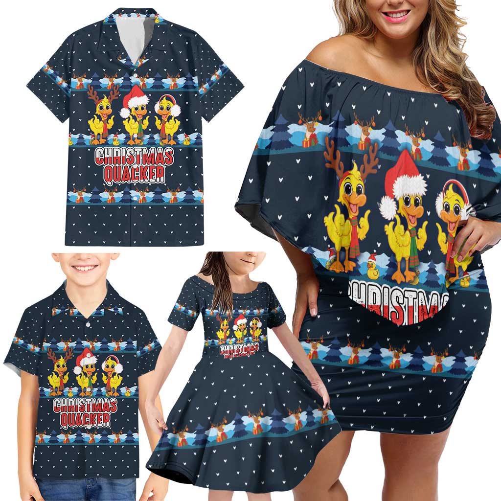 Funny Duck Characters Christmas Quacker Quote Family Matching Off Shoulder Short Dress and Hawaiian Shirt with Navy Tree Pattern Design - Wonder Print Shop