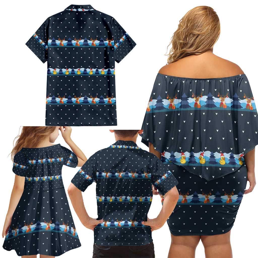 Funny Duck Characters Christmas Quacker Quote Family Matching Off Shoulder Short Dress and Hawaiian Shirt with Navy Tree Pattern Design - Wonder Print Shop