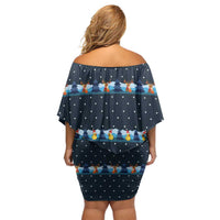 Funny Duck Characters Christmas Quacker Quote Family Matching Off Shoulder Short Dress and Hawaiian Shirt with Navy Tree Pattern Design - Wonder Print Shop