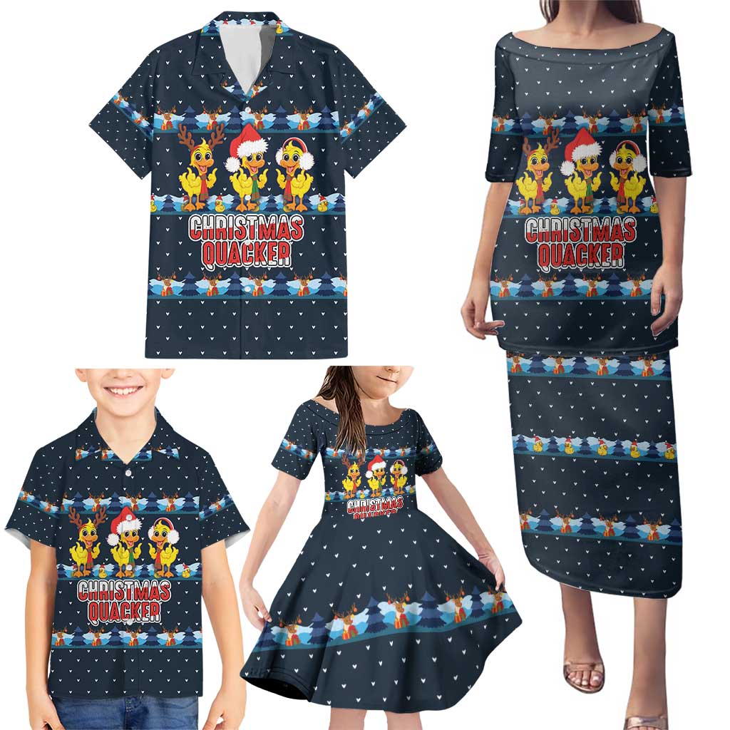 Funny Duck Characters Christmas Quacker Quote Family Matching Puletasi and Hawaiian Shirt with Navy Tree Pattern Design - Wonder Print Shop