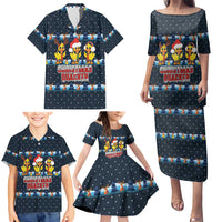 Funny Duck Characters Christmas Quacker Quote Family Matching Puletasi and Hawaiian Shirt with Navy Tree Pattern Design - Wonder Print Shop