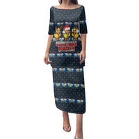 Funny Duck Characters Christmas Quacker Quote Family Matching Puletasi and Hawaiian Shirt with Navy Tree Pattern Design - Wonder Print Shop