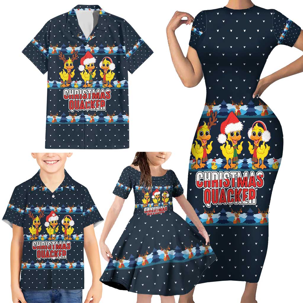 Funny Duck Characters Christmas Quacker Quote Family Matching Short Sleeve Bodycon Dress and Hawaiian Shirt with Navy Tree Pattern Design - Wonder Print Shop