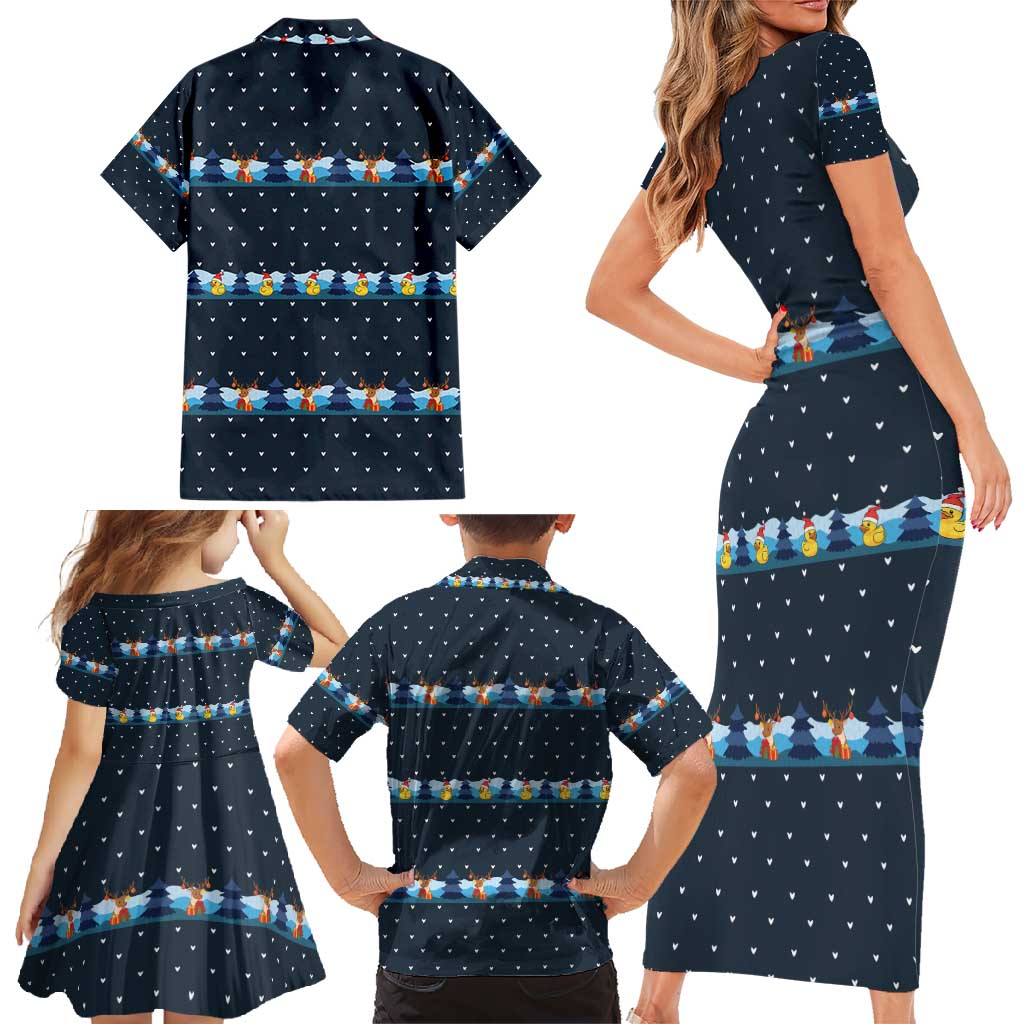 Funny Duck Characters Christmas Quacker Quote Family Matching Short Sleeve Bodycon Dress and Hawaiian Shirt with Navy Tree Pattern Design - Wonder Print Shop