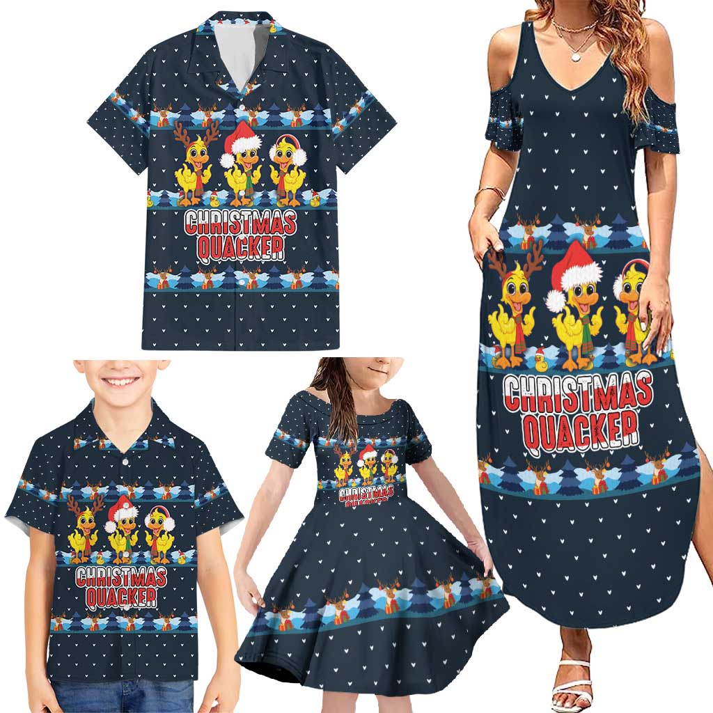 Funny Duck Characters Christmas Quacker Quote Family Matching Summer Maxi Dress and Hawaiian Shirt with Navy Tree Pattern Design - Wonder Print Shop