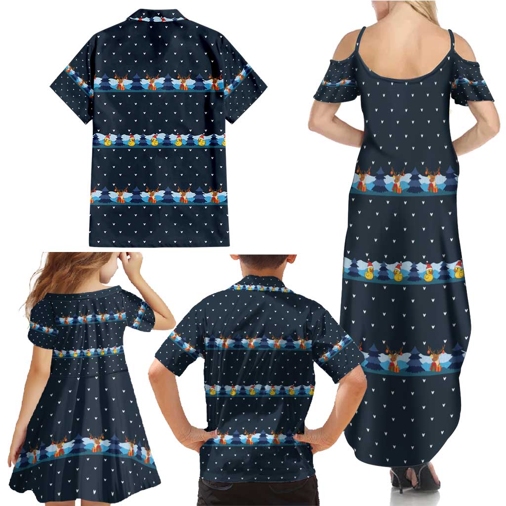 Funny Duck Characters Christmas Quacker Quote Family Matching Summer Maxi Dress and Hawaiian Shirt with Navy Tree Pattern Design - Wonder Print Shop