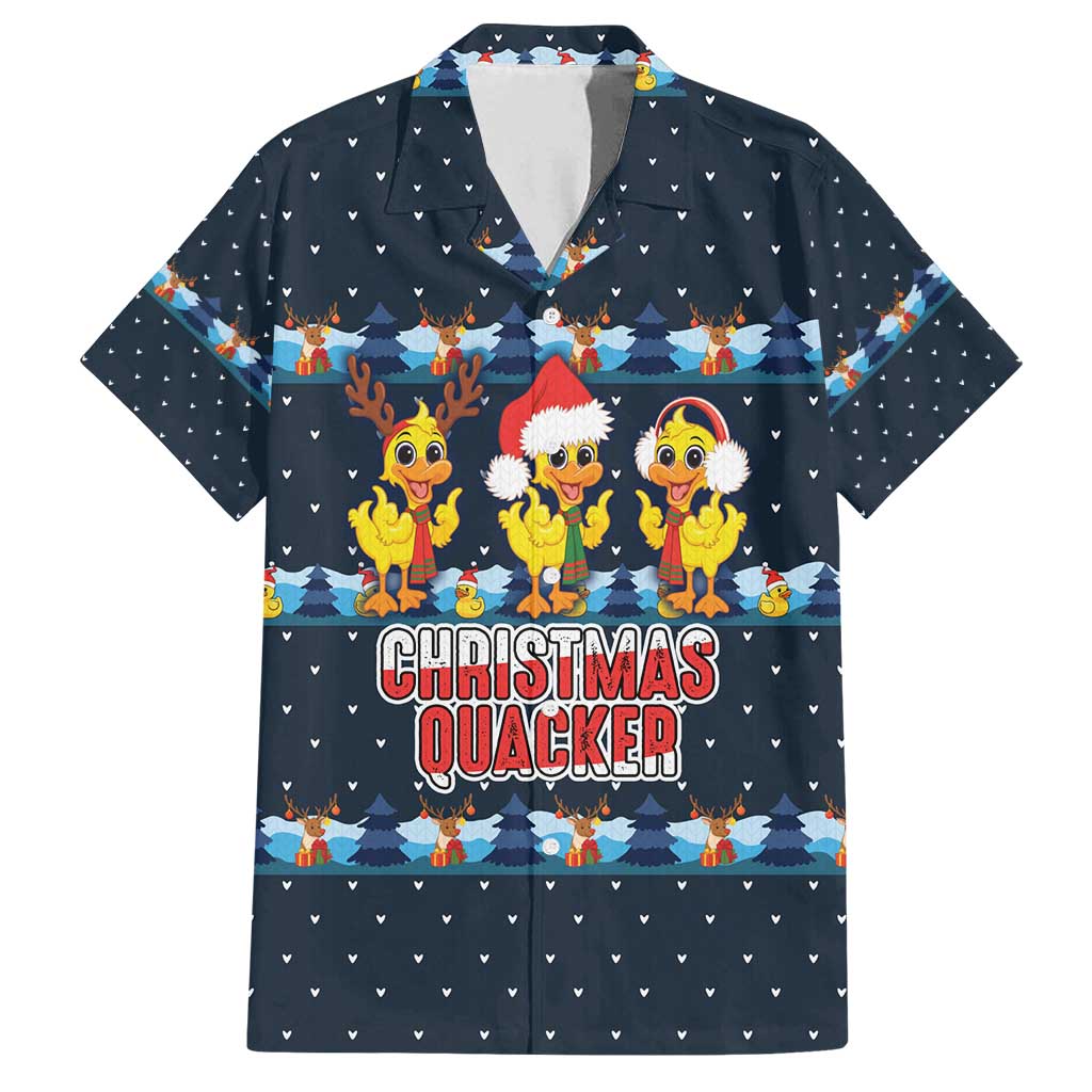 Funny Duck Characters Christmas Quacker Quote Family Matching Summer Maxi Dress and Hawaiian Shirt with Navy Tree Pattern Design - Wonder Print Shop