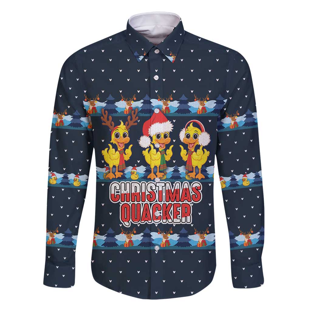 Funny Duck Characters Christmas Quacker Quote Family Matching Summer Maxi Dress and Hawaiian Shirt with Navy Tree Pattern Design - Wonder Print Shop