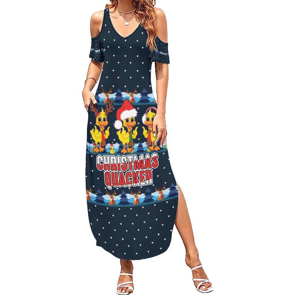 Funny Duck Characters Christmas Quacker Quote Family Matching Summer Maxi Dress and Hawaiian Shirt with Navy Tree Pattern Design - Wonder Print Shop