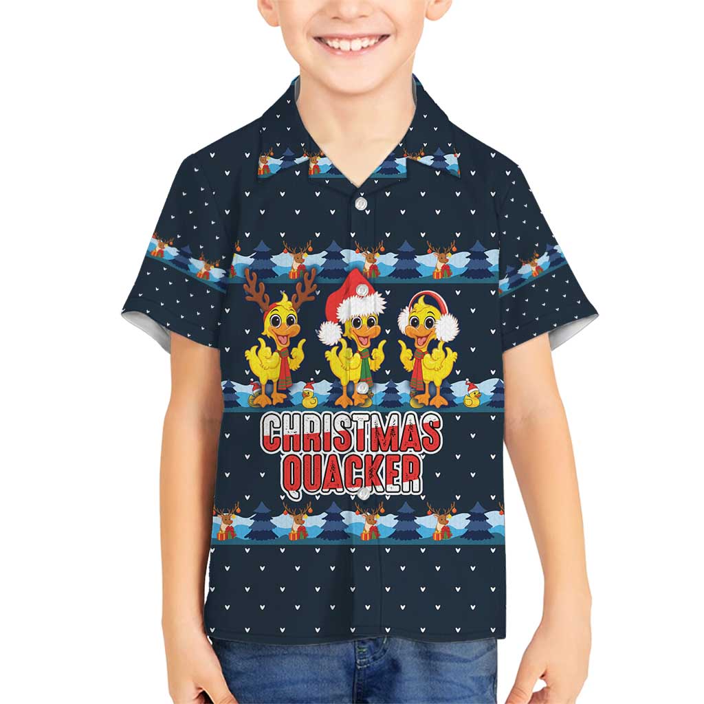 Funny Duck Characters Christmas Quacker Quote Family Matching Summer Maxi Dress and Hawaiian Shirt with Navy Tree Pattern Design - Wonder Print Shop