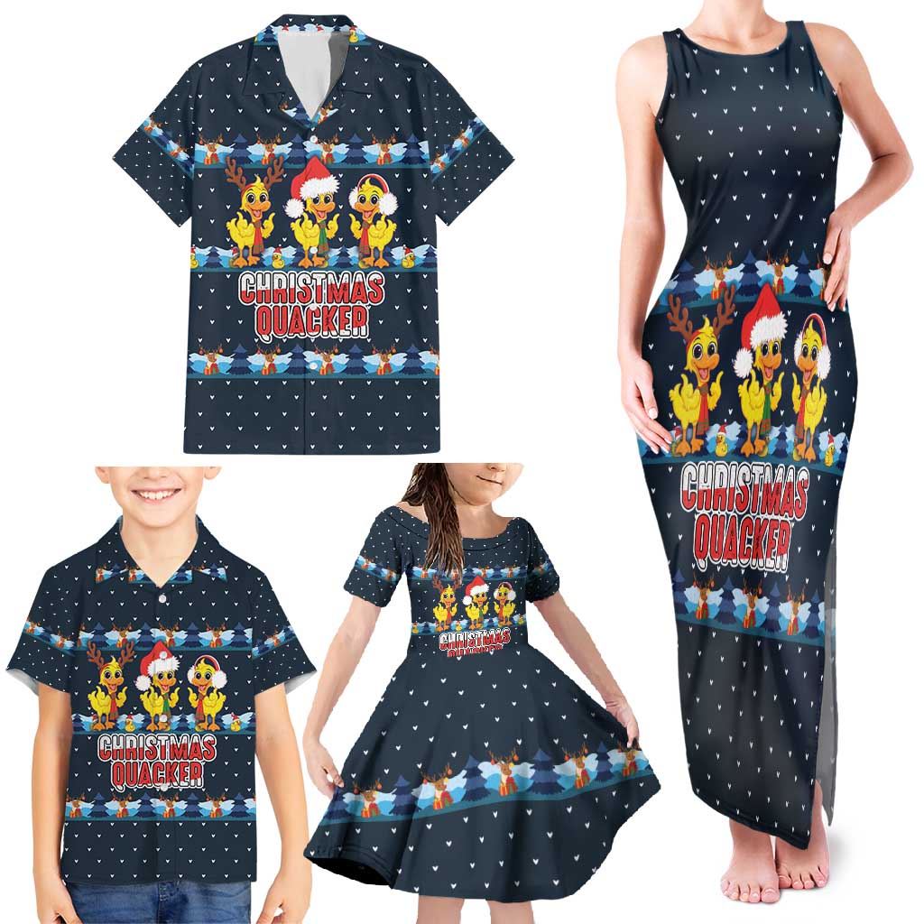 Funny Duck Characters Christmas Quacker Quote Family Matching Tank Maxi Dress and Hawaiian Shirt with Navy Tree Pattern Design - Wonder Print Shop