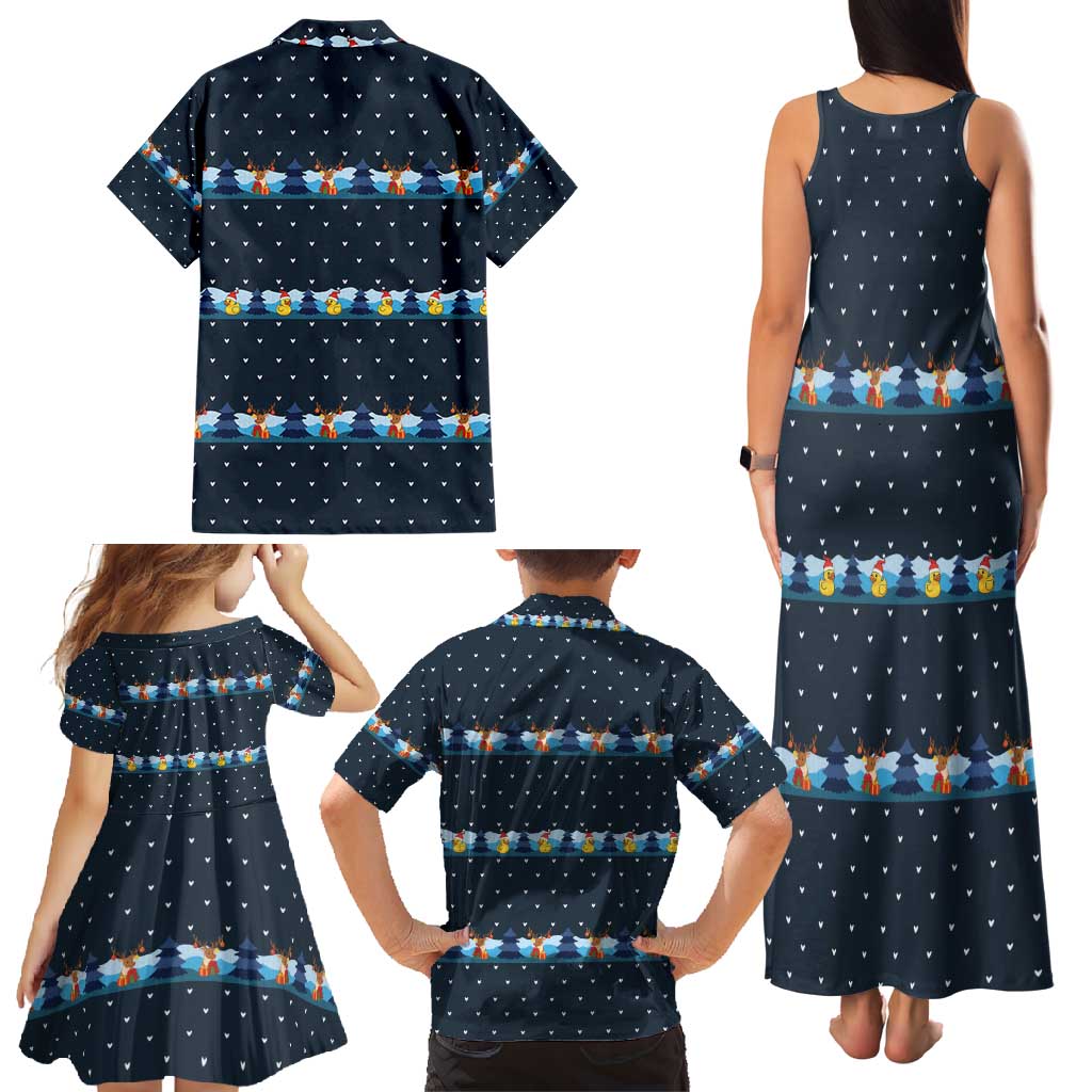 Funny Duck Characters Christmas Quacker Quote Family Matching Tank Maxi Dress and Hawaiian Shirt with Navy Tree Pattern Design - Wonder Print Shop