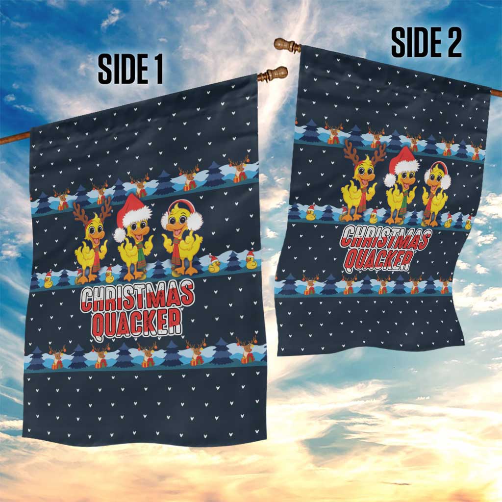 Funny Duck Characters Christmas Quacker Quote Garden Flag with Navy Tree Pattern Design - Wonder Print Shop