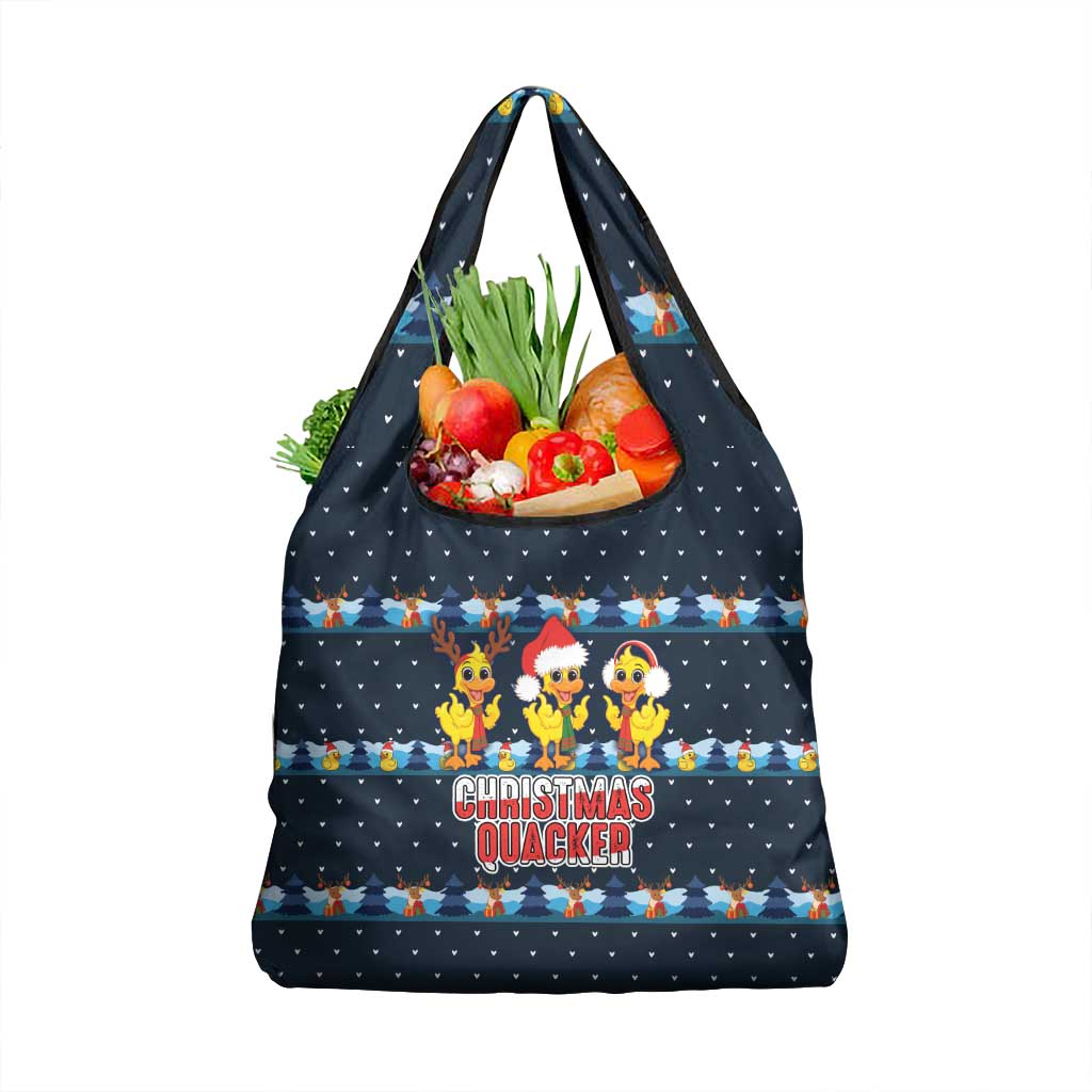 Funny Duck Characters Christmas Quacker Quote Grocery Bag with Navy Tree Pattern Design - Wonder Print Shop